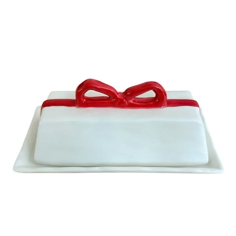 Anthropologie Benedita Bow Ceramic Stoneware Butter Dish Red Ribbon Ivory New